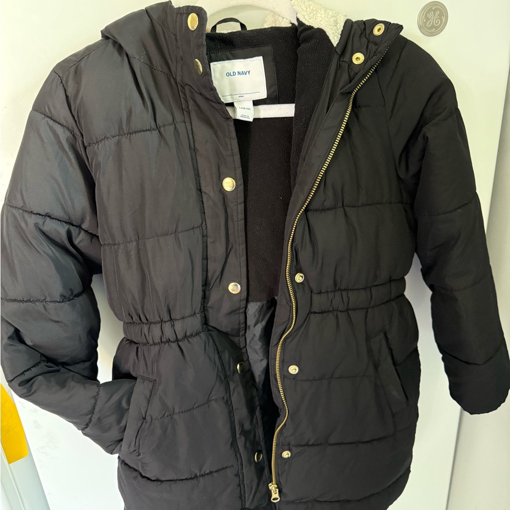 Old Navy Black Puffer Jacket - Faux Fur/Sherpa Hood and Fleece Lined | L (10/12)